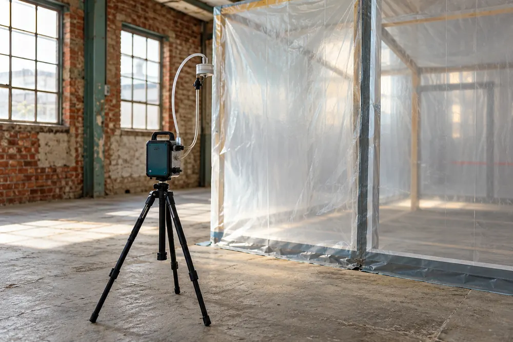 Air sampling pump and tripod-mounted filter beside a controlled industrial work enclosure