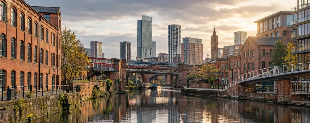 Manchester canal-side brick architecture and modern buildings