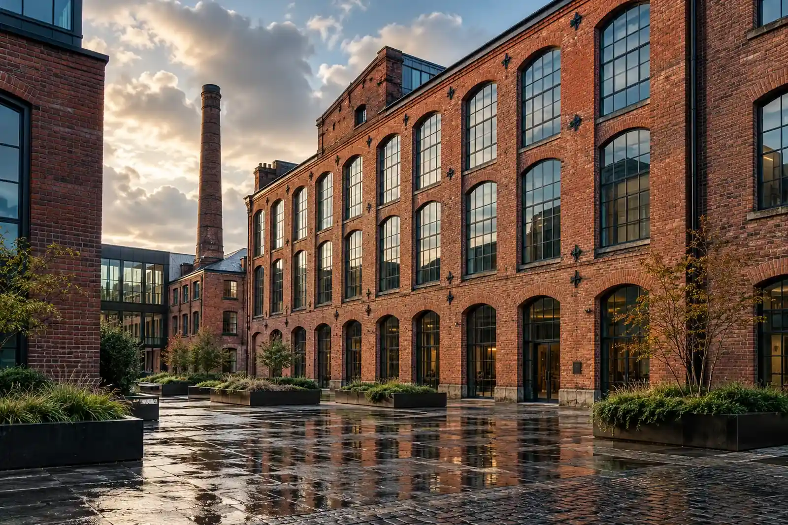 Red brick Manchester warehouse with arched windows and a rain-washed courtyard