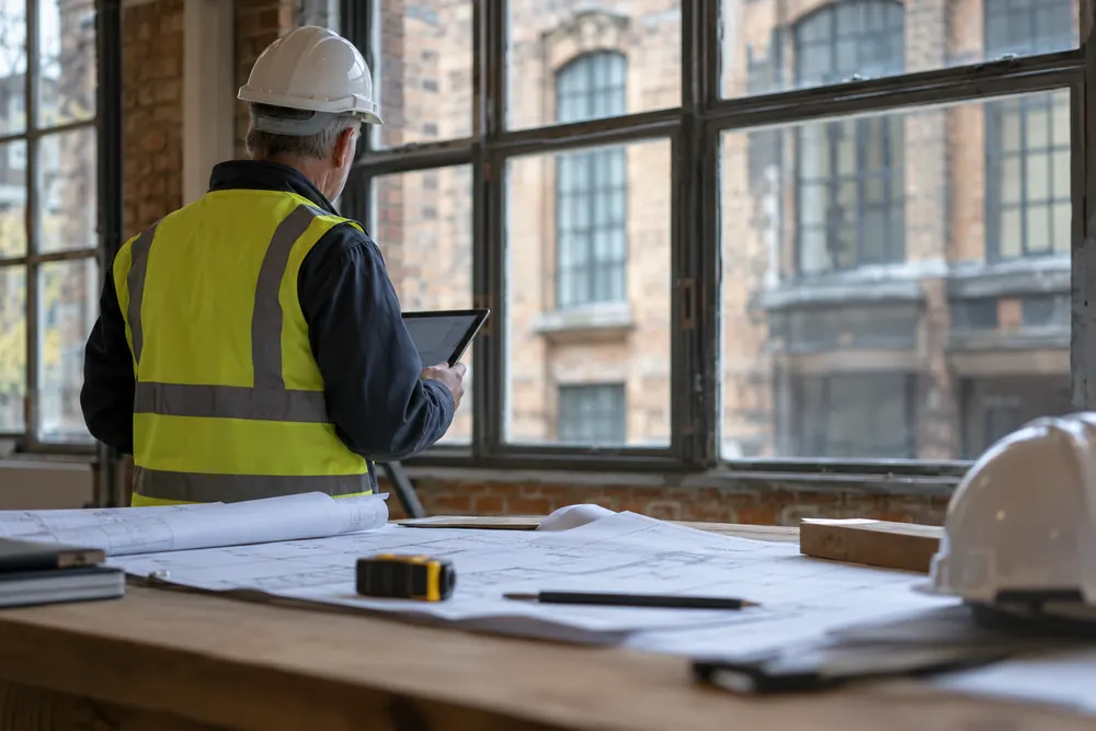 Property inspection records and a tablet beside industrial windows