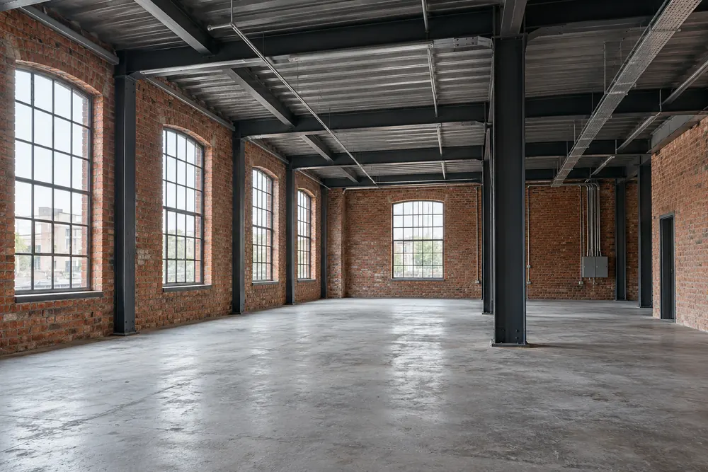 Vacant brick industrial unit with exposed beams before refurbishment