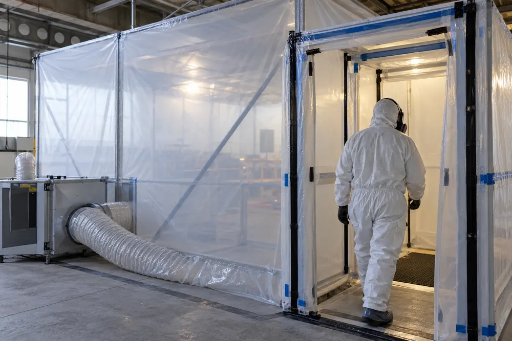 Controlled work enclosure with a worker wearing hooded coveralls and a full face respirator