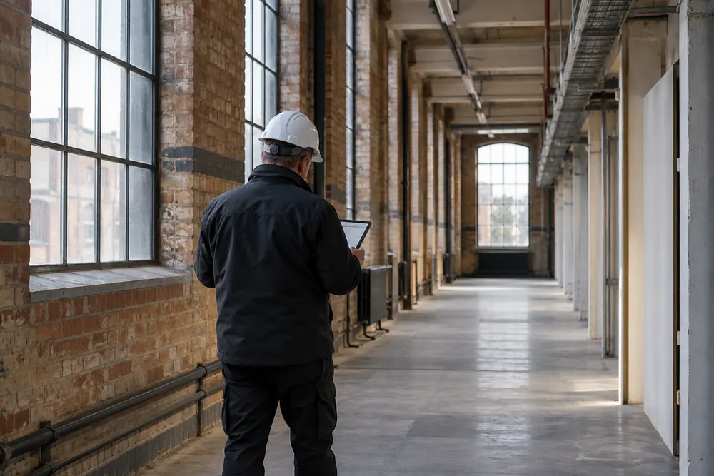 Surveyor reviewing a tablet inside an older industrial building