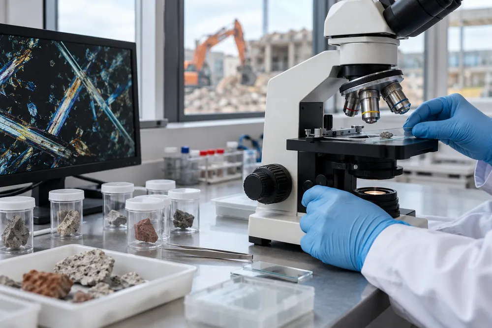 Microscope and sealed sample containers on an asbestos laboratory bench